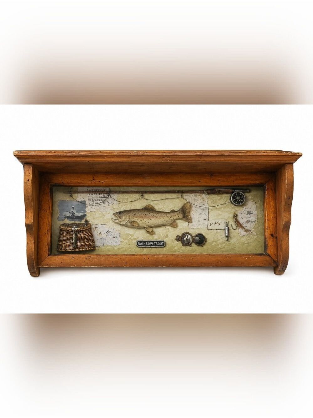 Rustic Fishing Shadow Box Wall Shelf Rainbow Trout Cabin Lodge Wall Decor